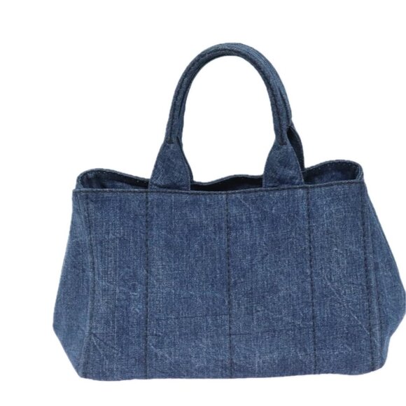 PRADA Canapa MM Hand Bag Denim Blue Gold Auth - Picture 3 of 16